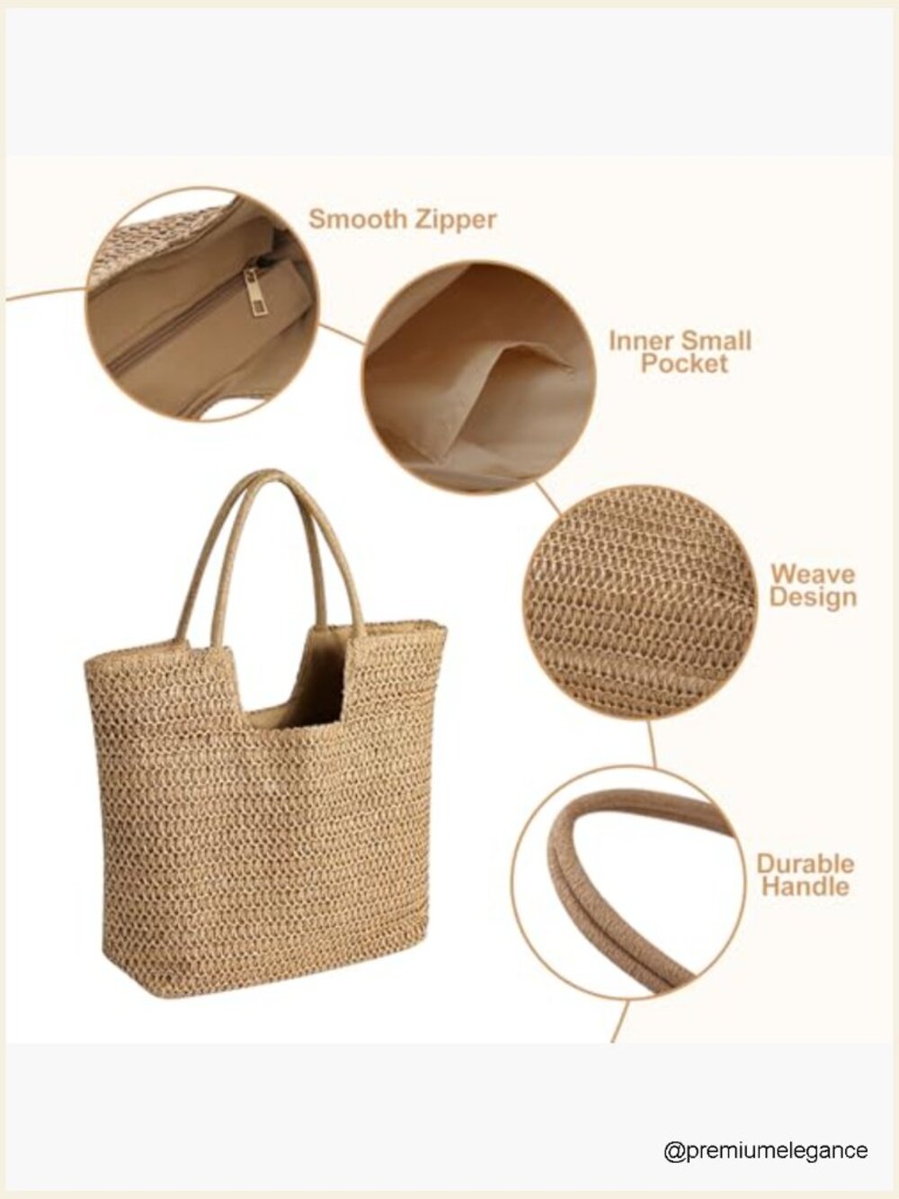 Large Straw Tote Bag with Zipper - Woven Beach Shoulder Handbag for Travel - Picture 6 of 7